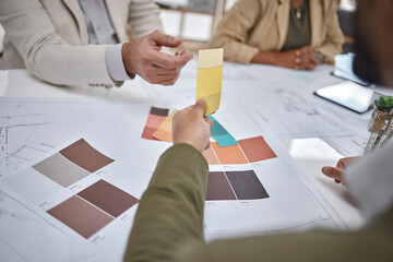 Creative, color sample and team in a meeting for an interior design project in office boardroom....