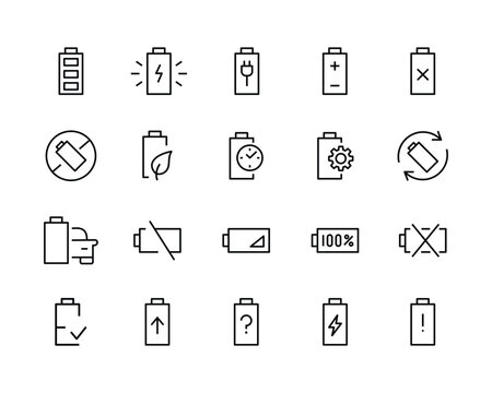 Battery icon set, battery level life indicators. Battery vectors. Batteries Icon Charge High Low set icon vector outline line editable stroke design style isolated on white