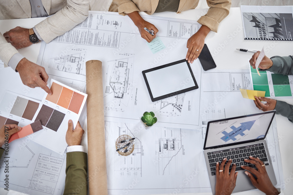Poster Architect, hands and blueprint design in meeting above for planning, strategy or architecture on office desk. Top view of creative people in team project or floor plan with color palette for startup
