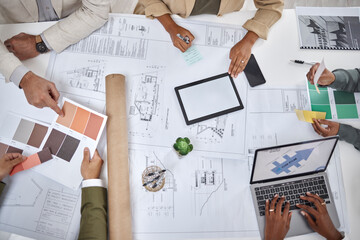 Architect, hands and blueprint design in meeting above for planning, strategy or architecture on...