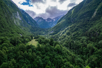 Fototapeta na wymiar Alpine landscape with green forest in Soca valley, Slovenia. Aerial drone view