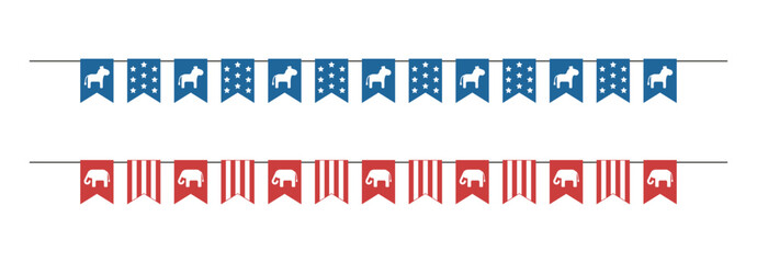 Bunting garlands with elephants, donkeys and USA flags. Isolated vector and PNG illustration on transparent background.