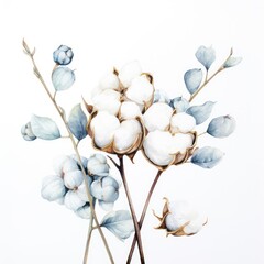 Colorful watercolor cotton plant illustration on a white background. Generative AI - obrazy, fototapety, plakaty