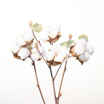 Colorful watercolor cotton plant illustration on a white background. Generative AI