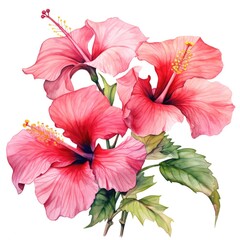 Colorful watercolor hibiscus flowers illustration on a white background. Generative AI