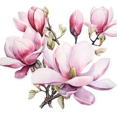 Colorful watercolor magnolia flowers on a white background. Generative AI - obrazy, fototapety, plakaty