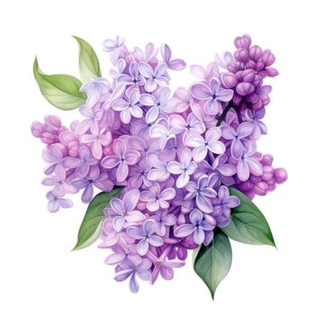 Colorful watercolor lilac flowers illustration on a white background. Generative AI