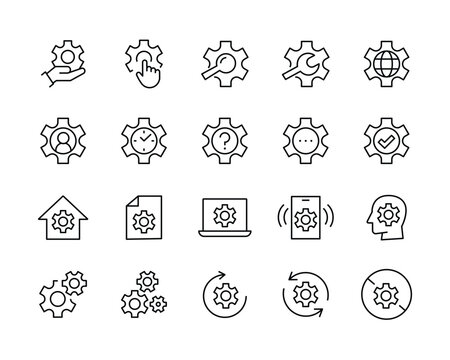 Setting icons set, Tools, Cog, Gear, help options account, Settings, Cogwheel, mechanism Operations icon button, vector, sign, symbol, logo, illustration, editable stroke, flat isolaated on white