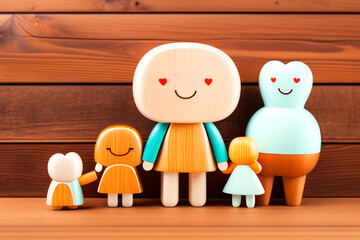 Happy family with one child and heart emotion on wooden background. Wood doll character. Togetherness relationship and lifestyle concept.