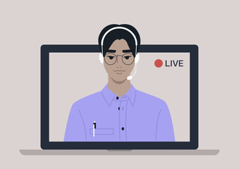 Live streaming event, Young male Asian blogger holding a live streaming online event, a website interface