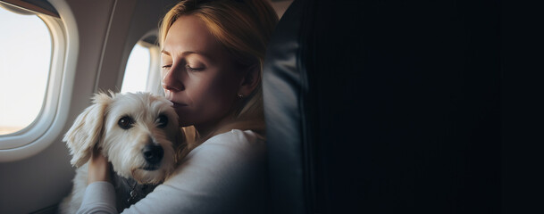 Young woman with fear of flying worried sitting in an airplane seat hugging his emotional support dog with big copy space right. Banner with concept of support animals. - obrazy, fototapety, plakaty