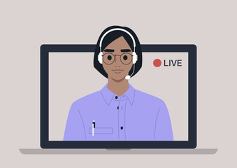 Live streaming event, Young female Caucasian blogger holding a live streaming online event, a website interface