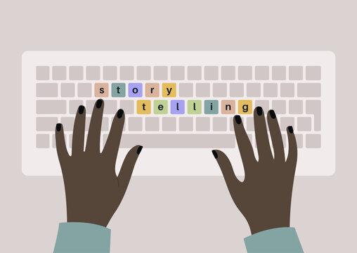 Hands typing a word Storytelling on a keyboard, top view, creating new worlds and experiences in a reader's imagination