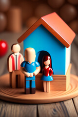 Happy family at home sweet home wooden figurine model on table top background. People lifestyles and Relationships in love concept.
