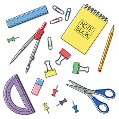 school supplies scissors ruler compasses buttons paperclips pencil protractor clothespins notepad notebook school college education kit elements september october top view vector illustration  - obrazy, fototapety, plakaty