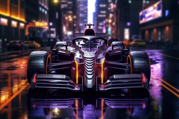 A futuristic Formula 1 car in the middle of a city at sunset with magenta tones