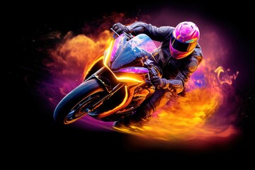 Obraz na płótnie Canvas A rider riding a powerful motorbike in colorful flames with dark background. Concept: Speed on fire. Generative ai 