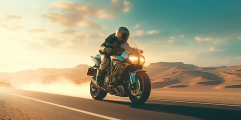 Fototapeta na wymiar AI Generated. AI Generative. Desert sand road mountain bike motorcycle cross futuristic. Adventure trip road move vibe. Graphic Art