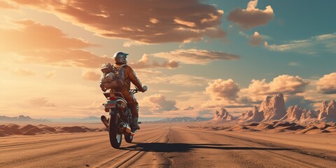 Fototapeta na wymiar AI Generated. AI Generative. Desert sand road mountain bike motorcycle cross futuristic. Adventure trip road move vibe. Graphic Art