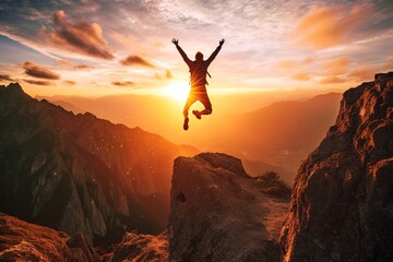 Successful woman joy when reaches to her objective. Woman jump on top of the mountain with arms...