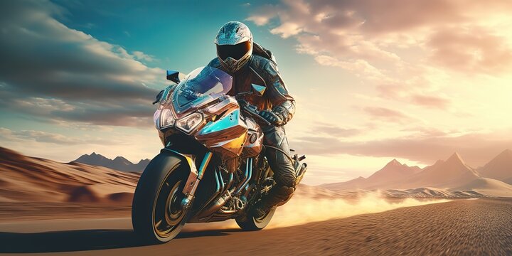 AI Generated. AI Generative. Desert sand road mountain bike motorcycle cross futuristic. Adventure trip road move vibe. Graphic Art