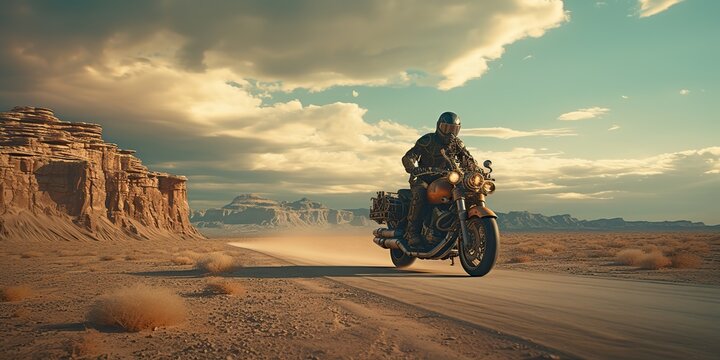 AI Generated. AI Generative. Desert sand road mountain bike motorcycle cross futuristic. Adventure trip road move vibe. Graphic Art