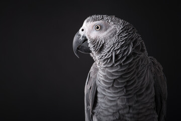 Portrait of an African Grey parrot on a black background with space for copy