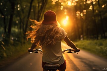 A young woman wearing a hat riding a bike in a park at sunset. Concept: Relaxing exercise for a healthy lifestyle. Generative ai.