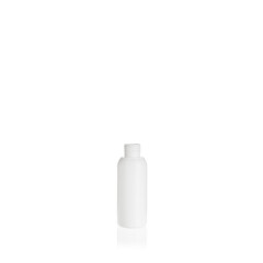 White cylindrical small PEHD bottle container on white background. Template of a bottle for cosmetics and medical products.