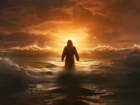 Jesus Christ walking on water during storm at sunset. AI generated