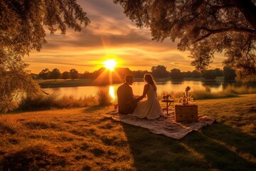 A romantic couple enjoys a picnic at sunset next to the rives. Concept: Romantic plan for saint valentine's day. Generative ai.
