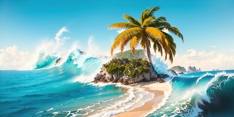 Fototapeta na wymiar Palm tree on the shore in turquoise sea waves.