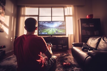 A kid playing alone, a football video game on television. Concept: Loneliness and addiction to video games. Generative ai