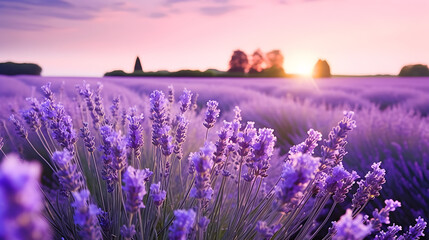 French lavender flowers field at sunset. AI generated - obrazy, fototapety, plakaty