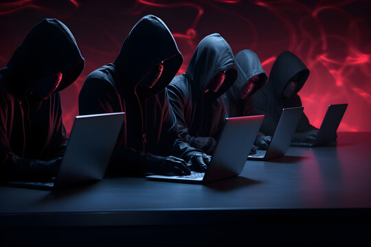 Hackers with hoodies typing laptops. Hacker group, organization or association. AI generated