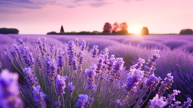 French lavender flowers field at sunset. AI generated © ZayNyi