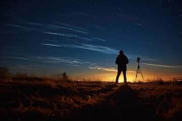 Capturing the Magic: Silhouette of a Photographer with a Tripod Photographing the Evening Dusk and Mesmerizing Sunset

