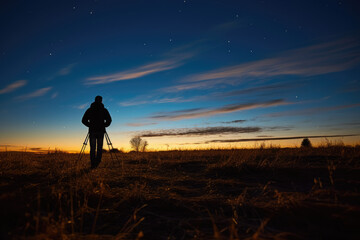 Capturing the Magic: Silhouette of a Photographer with a Tripod Photographing the Evening Dusk and Mesmerizing Sunset

