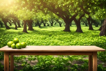 Empty Wooden Table with free space over green lemons on tree in garden, green lemons field background. For product display Generative AI