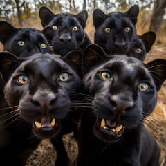 Black panthers group looking in the camera close up. Generative AI