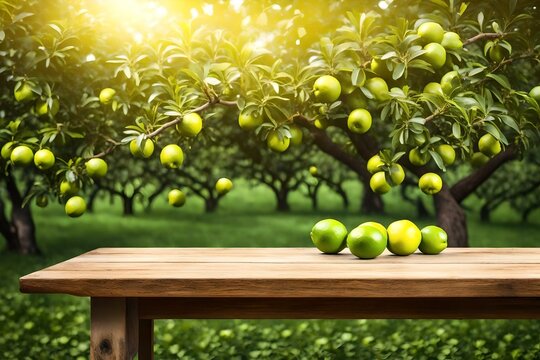 Empty Wooden Table with free space over green lemons on tree in garden, green lemons field background. For product display Generative AI