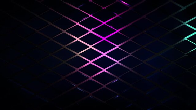 3D render futuristic animated background from rhomb shapes with neon back lighting, minimal diamonds grid tiles pattern with random objects displacement, 4K live wallpaper