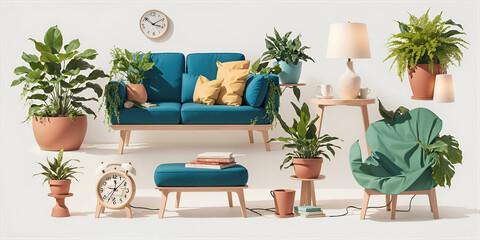 Original colored furniture. Furniture design, chairs, armchairs, sofa, lamp, plants.