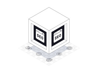 Seo box illustration in isometric style. Background is seo line icons containing web traffic, gear, geolocation, global, seo.