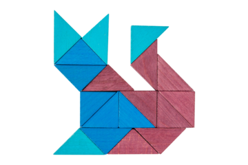 The figure of a cat from wooden triangles on a white background.