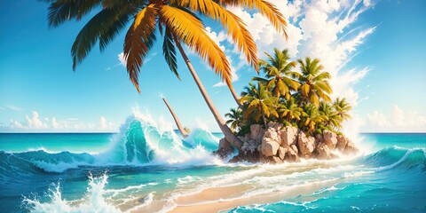 Fototapeta na wymiar Palm tree on the shore in turquoise sea waves.