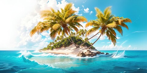 Palm tree on the shore in turquoise sea waves.