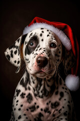 An adorable dalmatian puppy portrait with santa's hat