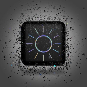The icon is the sun. A square 3d symbol in the form of a holographic image on a black cube made of a vortex of particles. 3d rendering. Icon design, 3000x3000 pixels