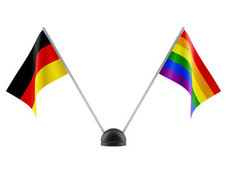 LGBT and Germany flags on decorative stand. Isolated on a transparent background. 3d render